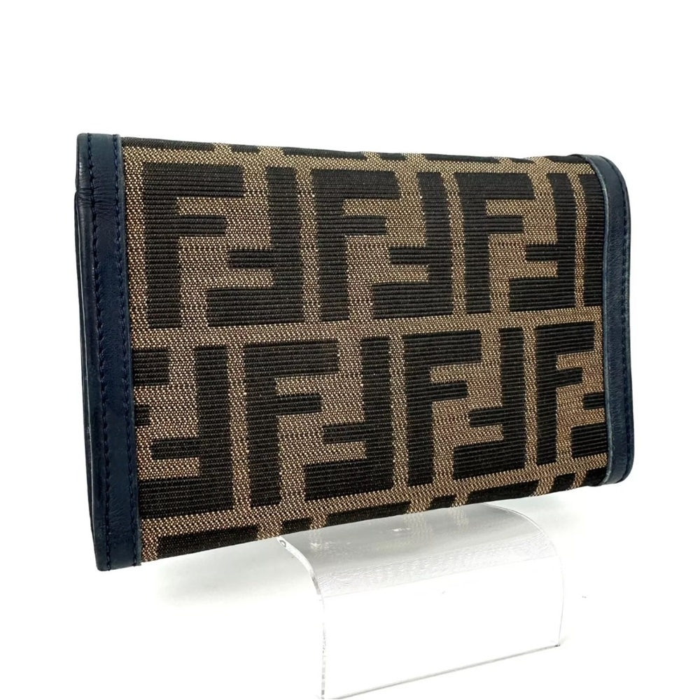 FENDI Wallet Trifold Purse Zucca Leather Brown/ Navy Authentic - Picture 2 of 13